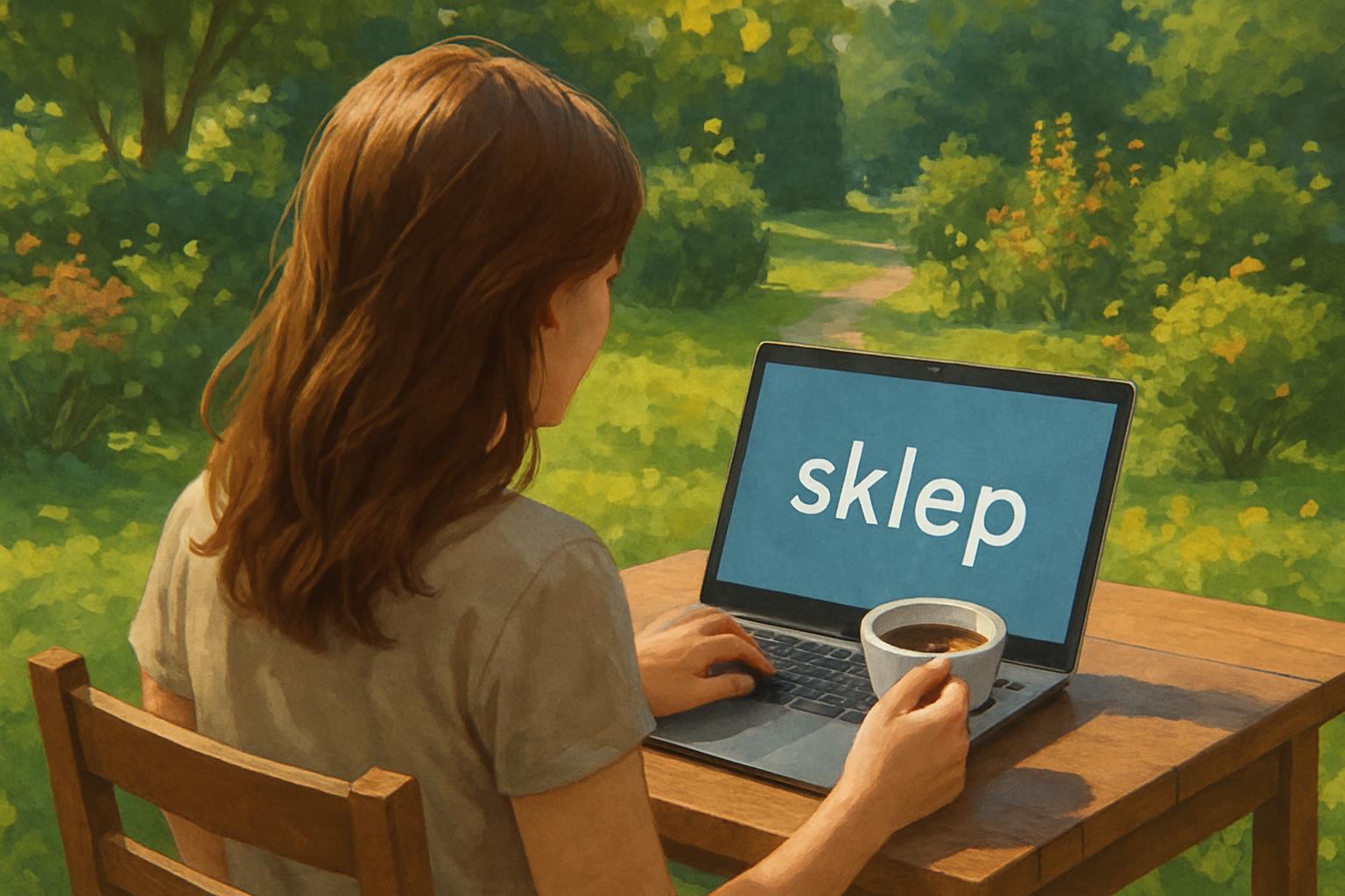 A woman sits at a small table in the shade by the grass and trees, with a cup of coffee and a laptop in front of her. The ...