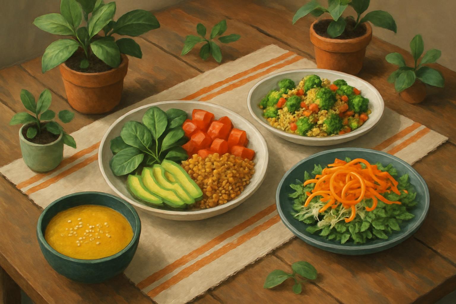 Image Description: A table with various bowls of healthy food: a salad, soup, vegetables, and fruit. Behind the table, som...